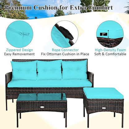 Tangkula 3 Pieces Patio Conversation Set, Outdoor PE Rattan Wicker Furniture Set W/Cozy Cushions, All Weather Sectional Sofa Set W/Tempered Glass Coffee Table for Poolside, Backyard, Garden