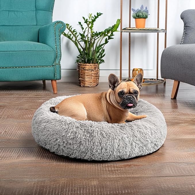 PetAmi Calming Dog Bed for Small Medium Dog Cat, Round Donut Dog Bed Washable, Fluffy Faux Fur Plush Cuddler Pet Kitten Cushion Bed, Anti-Slip, Fits up to 25 lbs, 23 inch, Light Gray
