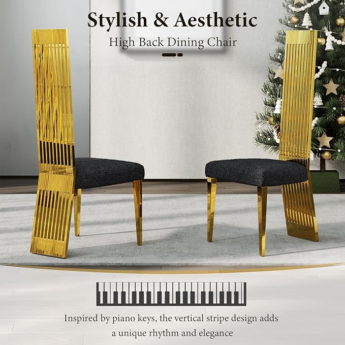 Luxury Black and Gold Dining Chairs, Upholstered Dining Room Chairs with Polished Metal Legs and Backrest, Set of 8