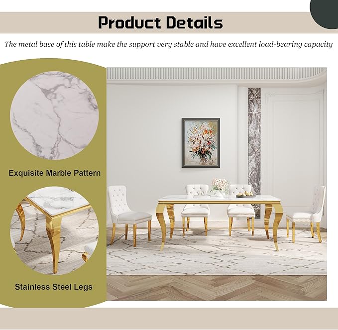 70" Large Marble Dining Table for 4-6 People, Modern Kitchen Table with Faux Marble top and Stainless Steel Legs, Perfect for Home Kitchen Living Room, White,Gold