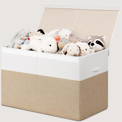 INDRESSME 25"x13"x16" Toy Box Toy Storage Organizer with Lid Collapsible Sturdy Toy Chest, Foldable Toy Bin for Living Room, Playroom, Bedroom, Toy Baskets Storage Kids, Boys, Girls (Beige & White)