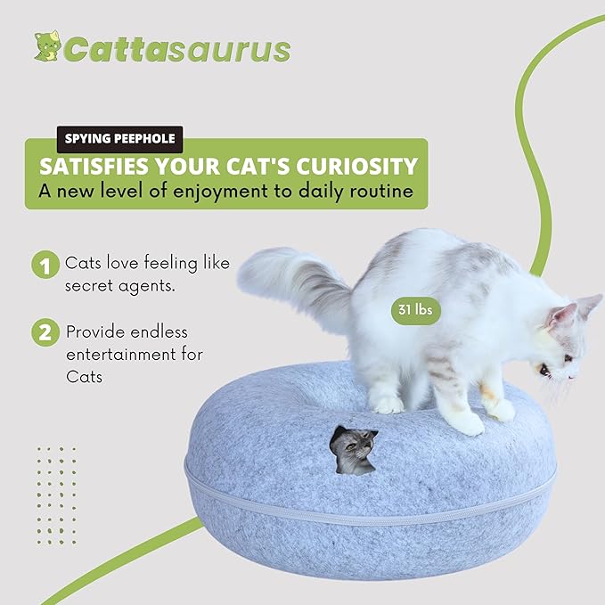 CATTASAURUS Peekaboo Cat Cave for Multiple & Large Cats Up to 30-45 Lbs, Scratch Detachable & Washable Tunnel Bed, Comfy Donut Cat Cave (Light Gray, Jumbo)