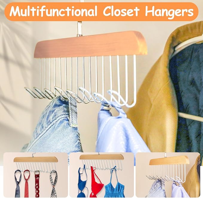 2Pcs Anti Slip Multi Hook Coat Racks,Bra Hangers for Closet Organizer with 8 Hooks 360 °Swivel Belt Hanger for Closet for Belt, Tie, Tank Top, Bra, Scarf (Beige)