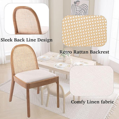 LukeAlon Linen Dining Chairs Set of 4, Natural Woven Cane Back with Solid Wood Legs Mid Century Side Chairs for Kitchen Living Room, Beige