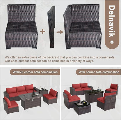 Kurapika 7 Pieces Patio Furniture Set, Rattan Outdoor Conversation Sets w/43in Propane Fire Pit Table and 4 Inch Cushion(Red)