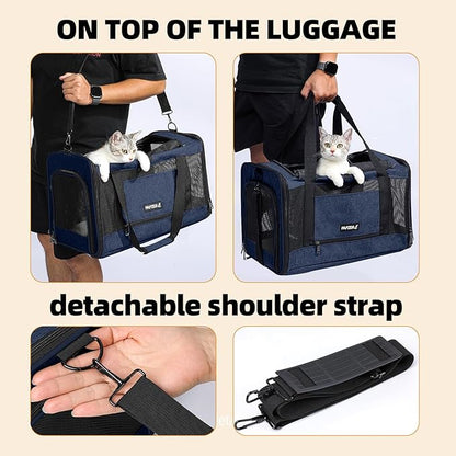 Cat Carrier Soft-Sided 18x11x11 Inch Travel Bag for Medium Cats Over 15lbs, Small Dog Carrier Crate Top Entry Breathable Mesh Puppy 12 Pounds, Pet Rabbit Carrying Cage Kennel Collapsible Navy