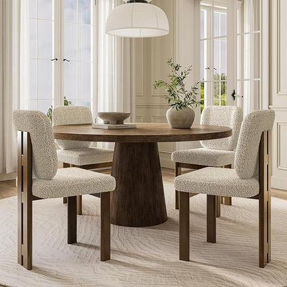 Modern Farmhouse Dining Chairs Set of 4, Boucle Upholstered Wooden Kitchen Chairs with Back, Walnut Wood Legs, Beige