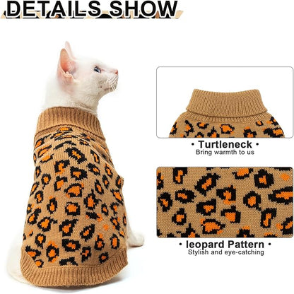 Mihachi Winter Warm Cat Sweater Turtleneck Puppy Pets Sweater Knit Vest Fashion Leopard for Cats Puppy Small Animals Brown Medium