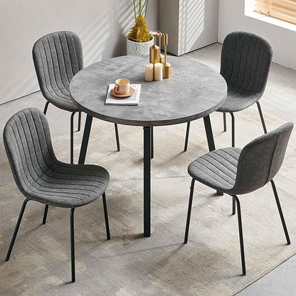 5-Piece Round Table Set for 4, 37.4" Grey Round Table with Hooks, Solid MDF Tabletop, Industrial Kitchen Table with Dark Grey PU Dining Chairs for Living Room, Dining Room