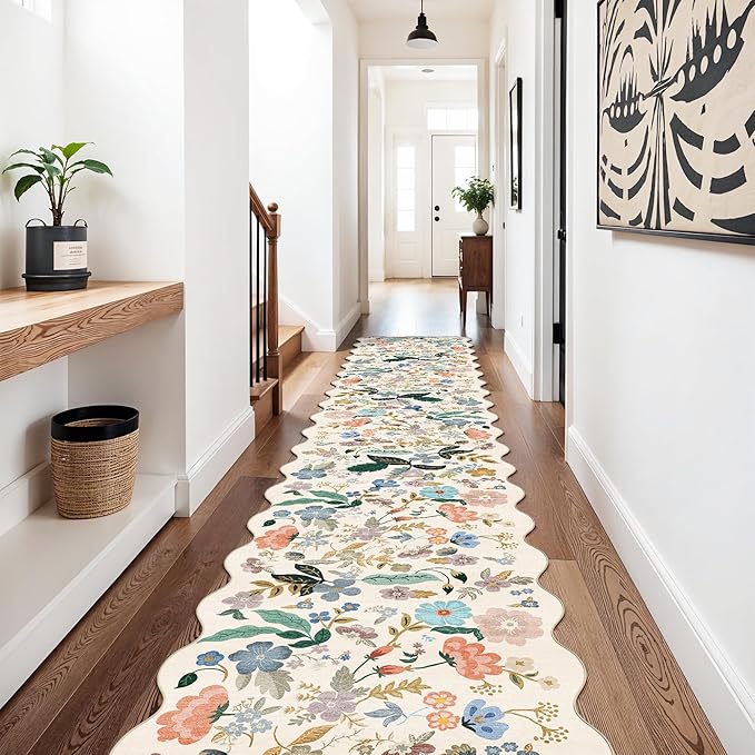 Hallway Floral 2'6x14 Runner Rugs: Washable Scalloped Soft Carpet with Non-Slip Backing for Entryway Kitchen Stain-Resistant Bedroom Floor Mat – Gifts for Newlyweds/Household Home Dcor (2'6x14,Cream)