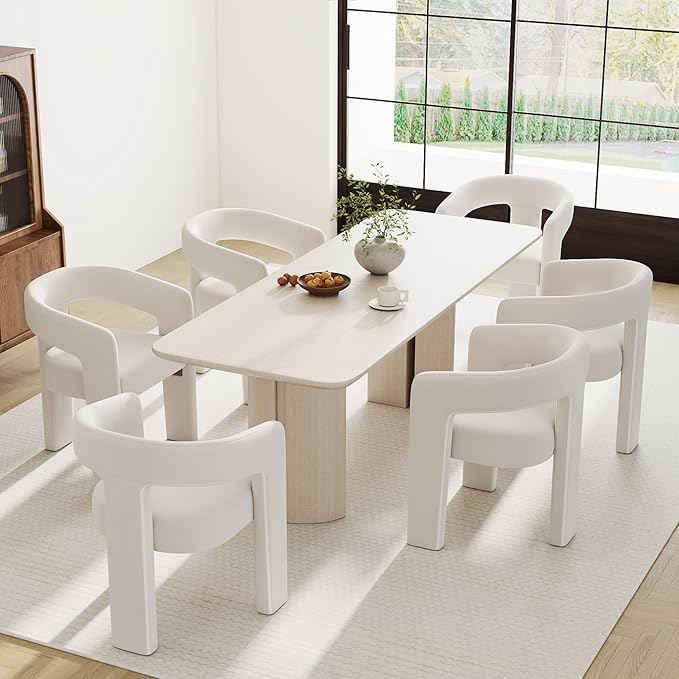 Modern Barrel Dining Chairs Set of 6, Velvet Upholstered Accent Side Chair with Arms Comfy Makeup Vanity Chairs, Dining Living Room Kitchen Chairs, Beige