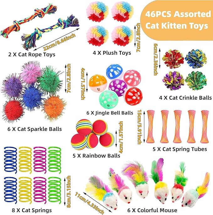 46 PCS Cat Toys for Indoor Cats, Kitten Toys with Cat Spring Toy, Mint Catnip with Crinkle Mouse Ball for Indoor Cats Kittens Exercise