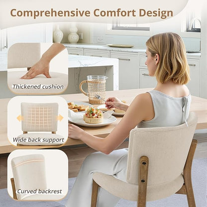 LUE BONA Wooden Dining Chairs Set of 2, Comfortable Wide Back Kitchen Side Chairs, Strong Thick Legs for Modern Farmhouse Dining Room, Linen Upholstered and Natural Wood Legs