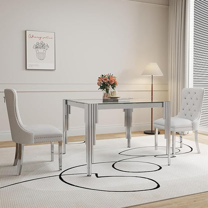 3 Piece Glass Dining Table Set, 35" Square Glass Kitchen Table with 2 White Velvet Upholstered Chairs, Silver Dining Table for 2 with Chairs Set for Kitchen, Living Room