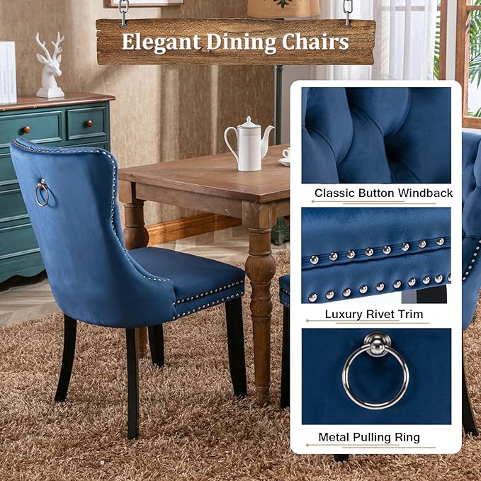 Goujxcy 78.7" Farmhouse Extendable Dining Room Table Set for 4, 5-Piece Rectangle Kitchen Dining Room Table Set with Wood Base and 4 Blue Velvet Dining Chairs, Extending Kitchen & Dining Table Set