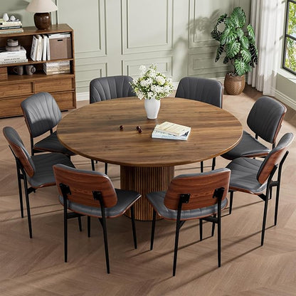 Dining Chairs Set of 8, Mid-Century Modern Upholstered PU Leather Chairs with Walnut Back and Metal Legs Adjustable Feet for Kitchen Dining Room, Dark Gray Shell Strips