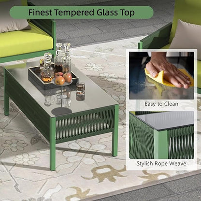 4-Piece Rope Outdoor Furniture Set, Patio Conversation Set with Tempered Glass Table, Rope-Woven Furniture Set with Deep Seat Design for Backyards, Balconies, Fluorescent Yellow & Green