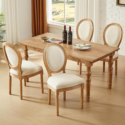 Nrizc French Country Dining Chairs Set of 4, Farmhouse Fabric Chairs with Round Back, Solid Wood Legs, Oval Side Chairs for Kitchen/Bedroom/Dining Room