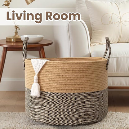 Woven Blanket Basket,65L Large Rope Storage Bin with Handles, Organizer for Blankets Toys Book and Clothes, Laundry Basket for Living Room Bedroom Nursery,Jute&Black
