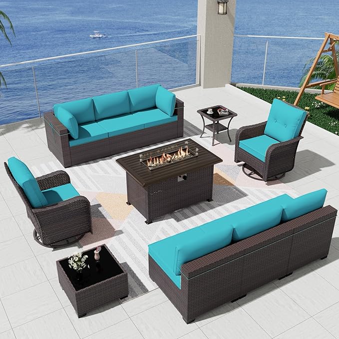 Kurapika 11 Pieces Patio Furniture Set, Rattan Wicker Outdoor Conversation Sets w/43in Propane Fire Pit Table, Swivel Rocking Chairs Patio Sectional Sofa w/4 Inch Cushion, Blue