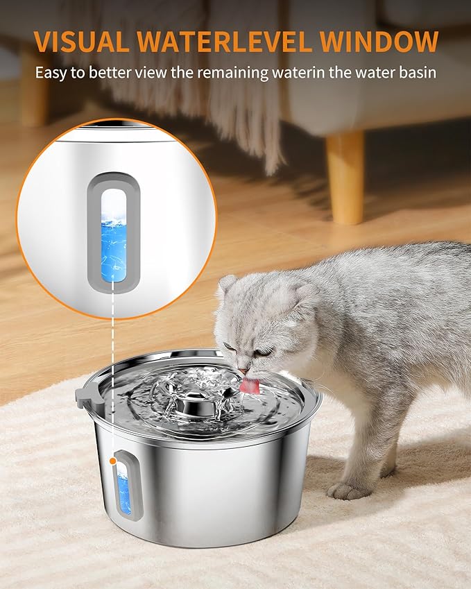 Cat Water Fountain,3.2L/108oz Cat Fountain with Water Level Window,Stainless Steel Pet Water Drinking Fountain for Cats Inside,Quiet Pump for Dogs and Cats(with Water Level Window)