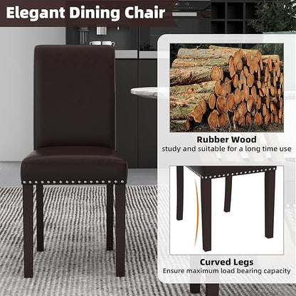 Westice Dining Room Chairs Set of 2 Upholstered PU Leather Kitchen Chairs Dining Room Side Chair with Nailhead Trim and Rubber Wood Legs for Small Space Apartment, Brown