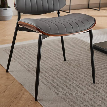 Dining Chairs Set of 4, Mid Century Modern Accent Dining Room and Kitchen Chairs, Upholstered PU Leather Vertical Stripe Chairs for Vanity with Walnut Bentwood and Metal Legs, Gray