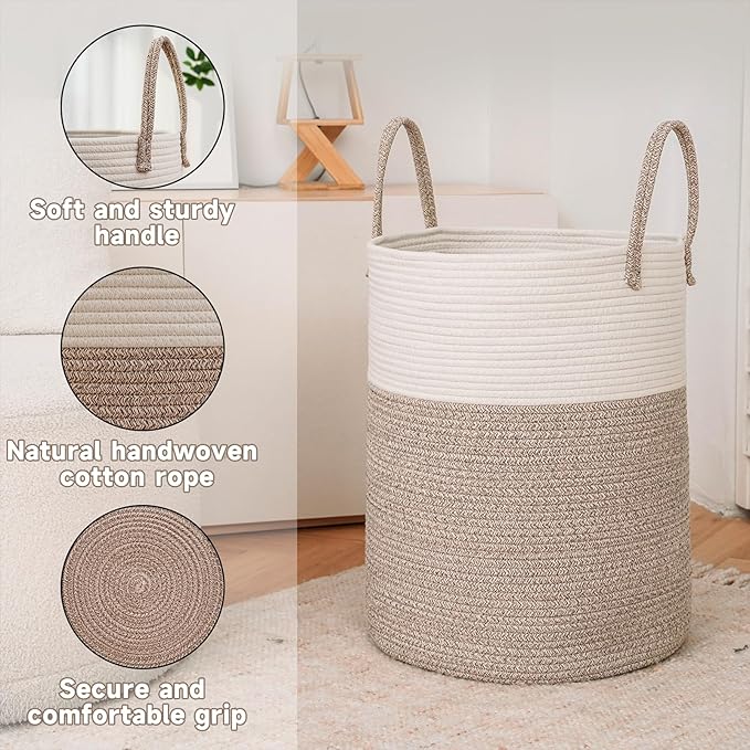 Large Woven Laundry Basket Hamper,100L Cotton Rope Storage Bin for Blankets,Toys and Clothes,Decorative Tall Nursery Hamper for Living Room,Baby Nursery,Bathroom and Bedroom,Brown