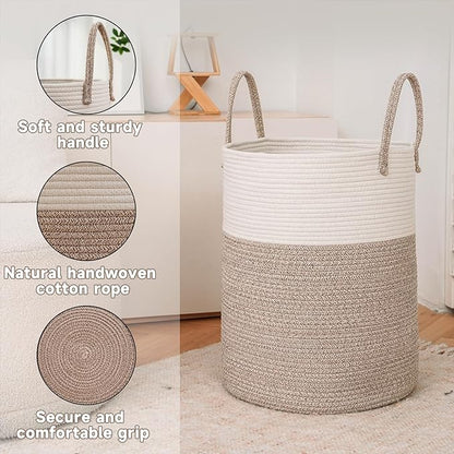 Large Woven Laundry Basket Hamper,80L Cotton Rope Storage Bin for Blankets,Toys and Clothes,Decorative Tall Nursery Hamper for Living Room,Baby Nursery,Bathroom and Bedroom,Brown