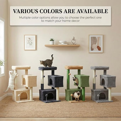 32" Cat Tree Tower for Indoor Cats - 2 Cozy Condos, Multi-Level Cat Scratching Posts with Sisal, Soft Padded Perch, 2 Dangling Toys, Dark Grey