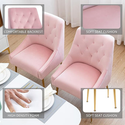 Modern Dining Chairs Set of 2, Mid Century Dining Chairs with 5.12” Cushions and Golden Legs, Velvet Upholstered with Back Pull Rod, for Kitchen, Living Room (Pink)
