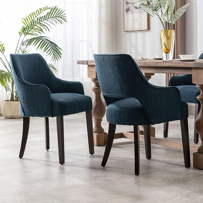 Linen Dining Chairs Set of 4 Upholstered Farmhouse Kitchen Chair Accent Chairs Side Chair with Wood Legs for Living Room/Dining Room/Bedroom/Restaurant, Blue