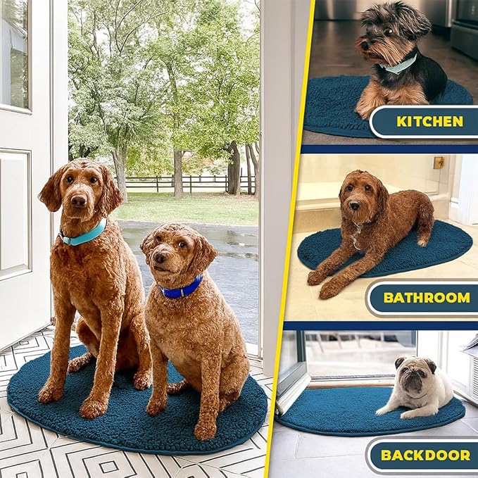 Muddy Mat® Shown on TV – Super Absorbent Microfiber Dog Door Mat for Muddy Paws,Non-Slip Washable Pet Rug,Quick Dry Chenille Entryway Carpet,Machine Washable, AtlanticBlue Oval 3ft x 5ft