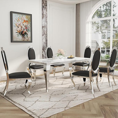 7-Piece Dining Table Set for 6, Faux Marble Modern Dining Table Set with 6 Big Oval Backrest Chairs, 70“ Stainless Steel Legs Table & Chair Set for Kitchen, Dining Room, Black & Silver
