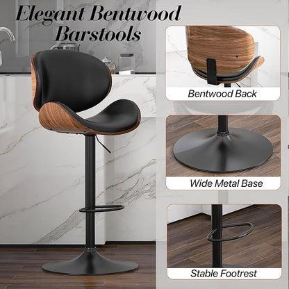 Adjustable Swivel Bar Stools Set of 2, Modern Bentwood Barstool with Large Metal Base and Footrest, PU Leather Upholstered Bar Chair with Curved Back for Kitchen Island Dining Room, Black