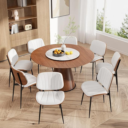 Dining Chairs Set of 8, Mid Century Modern Dining Room Chair, Upholstered Faux Leather Kitchen Chairs with Walnut Bentwood Back and Metal Legs for Kitchen Dining Room Living Room, White
