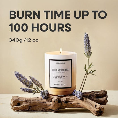 Ginger & White Musk Soy Candle, 12oz Natural Soy Wax Non Toxic, 75 Hours Burn Time,Clean Burn, Aromatherapy Candles for Home Scented, Stress Relief, Meditation, Yoga & Relaxation