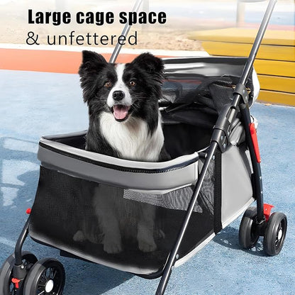 Pet Stroller 4 Wheels Dog Cat Stroller,Outdoor Trave Pet Folding Stroller,Foldable Dog Cat Cage Jogger Stroller with Cup Holder,Breathable and Visible Mesh for Medium Dogs Cats Grey