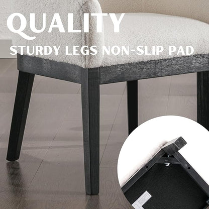 White Mid Century Modern Dining Chairs Set of 6, Farmhouse Boucle Upholstered Accent Curved Backrest Kitchen Chairs Armchairs with Black Wood Legs, White
