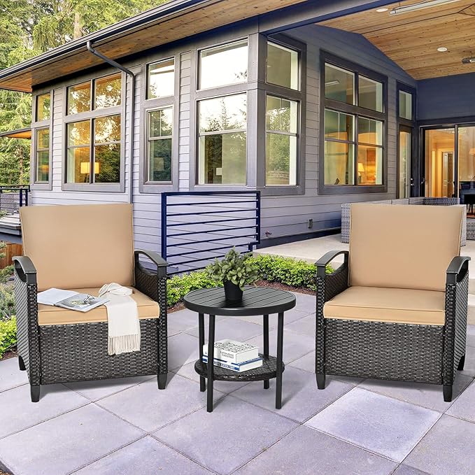 Tangkula 3 Piece Rattan Sofa Set, Patio Conversation Bistro Set w/Coffee Table, Seat and Back Cushions, Sturdy Steel Frame, Outdoor Furniture Set for Garden, Backyard, Balcony, Poolside