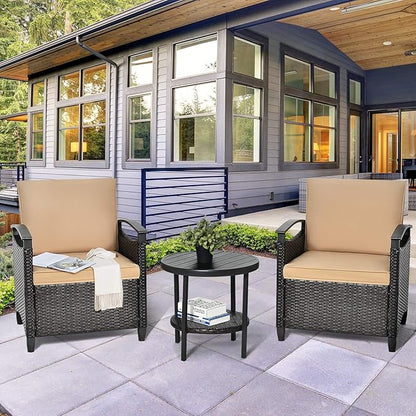 Tangkula 3 Piece Rattan Sofa Set, Patio Conversation Bistro Set w/Coffee Table, Seat and Back Cushions, Sturdy Steel Frame, Outdoor Furniture Set for Garden, Backyard, Balcony, Poolside