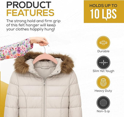 50 Pack New Premium Quality Velvet Hangers Ultra Thin Non Slip Adult Felt Space Saving Hangers for Closet Heavy Duty Coat Pants Jackets Dress Hangers 360° Swivel Hook Hold Upto 10lbs Rose Gold