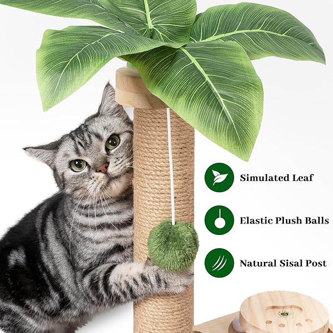 Meowoou Cat Scratching Post Cat Scratcher Interactive Toy with Dangling Ball for Indoor Kitten 2 Layer Base Wooden Ball Track 17.7" Tall Modern Sisal Scratch Pole