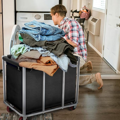 Commercial Laundry Cart with Wheels, 11.35 Bushel Large Laundry Tumbler with Removable Waterproof Canvas Lined Basket, Heavy Duty Stainless Steel Laundry Basket for Hotels and Hospitals