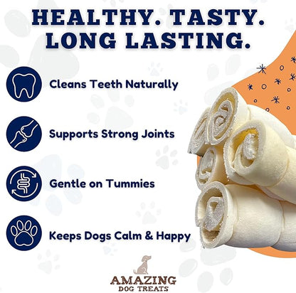 Amazing Dog Treats - Beef Cheek Rolls (Mega Thick 5-6" - 4 Pcs) - Safe Rawhide Alternative Dog Chew - Great for Power Chewers - Long Lasting Dog Chew - Retriever Rolls for Dogs