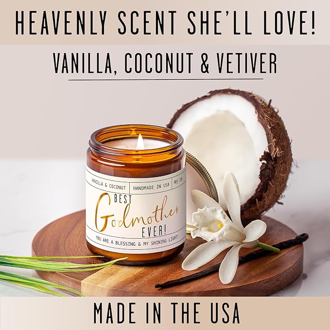 Godmother Gift - 'Best Godmother Ever!' Candle, w/Coconut & Vanilla - Godmother Gifts from Godchild I Godmother Proposal Gift I God Mother Gifts for Women I God Mom I 50Hr Burn, USA Made