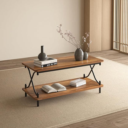 VECELO 39-Inch Coffee Table with Storage and Open Shelves for Living Dining Room, Modern Rectangle & Industrial Design, X-Shape Frame, Brown