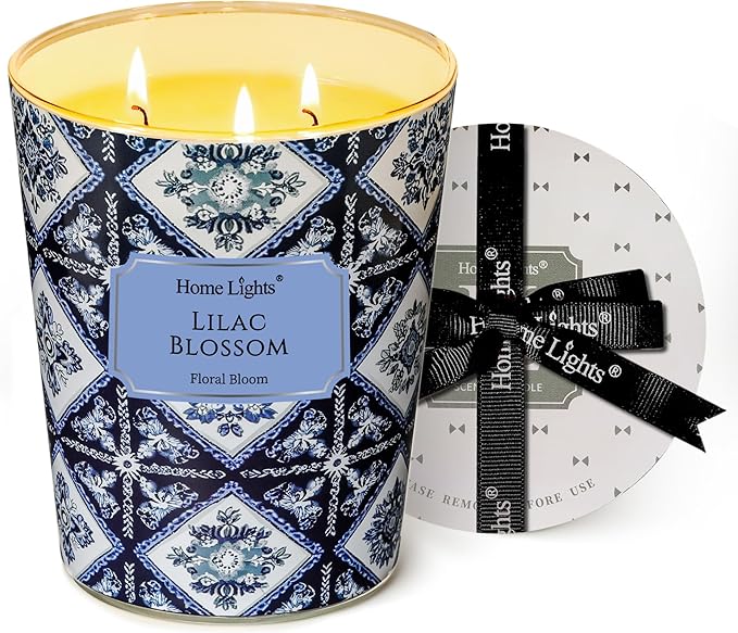 HomeLights Lilac Blossom Scented Candles | 34oz Soy Candles Bohemian Natural Textures 3-Wick Large Candle Jars | Ideal Candle Gifts for Events, Home Decor Stress, Relief & Relaxation
