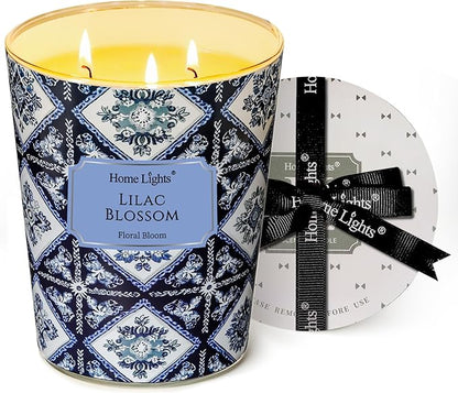 HomeLights Lilac Blossom Scented Candles | 34oz Soy Candles Bohemian Natural Textures 3-Wick Large Candle Jars | Ideal Candle Gifts for Events, Home Decor Stress, Relief & Relaxation