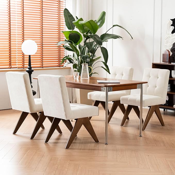 Rowill Modern Upholstered Dining Chairs Parsons Chair Linen Fabric Kitchen Chairs Tufted Armless Dining Room Chairs with Wood Legs Set of 2, Beige